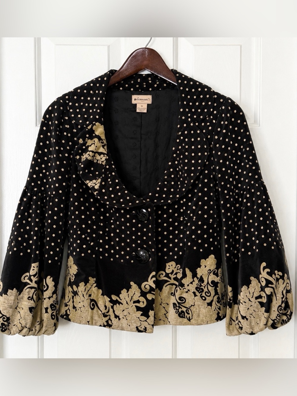 Believers Size 8 Black Beige Polka Dot Floral Cropped Jacket Retro Statement